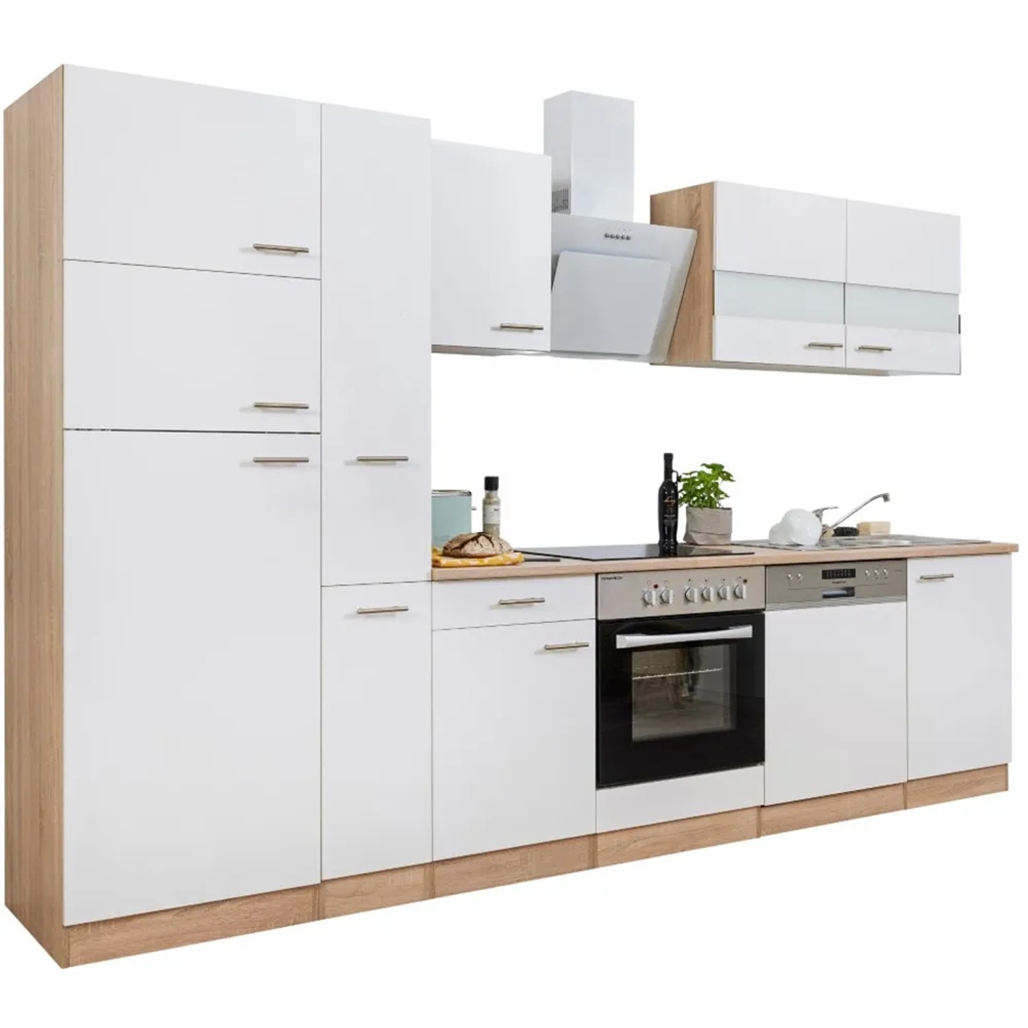 Respekta Küchenzeile KB310ESWCGKE, 310 cm, Weiß/Eiche Sägerau Nachbildung mit E-Geräten.