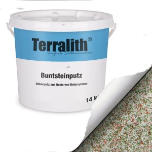 Terralith Buntsteinputz Mosaikputz 14 kg Eimer. Weiße, rote, grüne Granulate für Wandflächen. Dekorativer Effektputz.