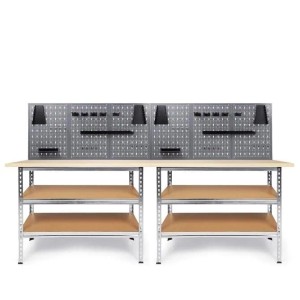 Ondis24 Werkstatt Set Uwe 240cm: zwei Werkbänke mit Melamin-Arbeitsplatten, Regalböden und grauer Lochwand für Ordnung.