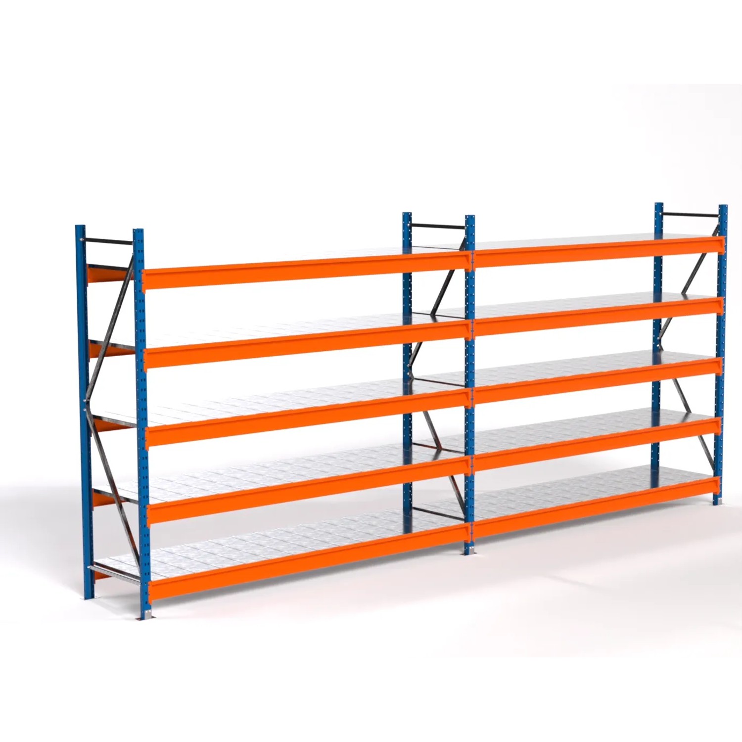 PROREGAL Industrie Weitspannregal Lagerregal MAXIMUS PRO Komplettregal 2 Felder HxBxT 200x450x60cm 5 Stahlplatten-Fachboden Fachlast 610kg Blau/Orange