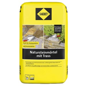 Sack Sakret Natursteinmörtel mit Trass, 25 kg, für Natursteine und Glasbausteine.