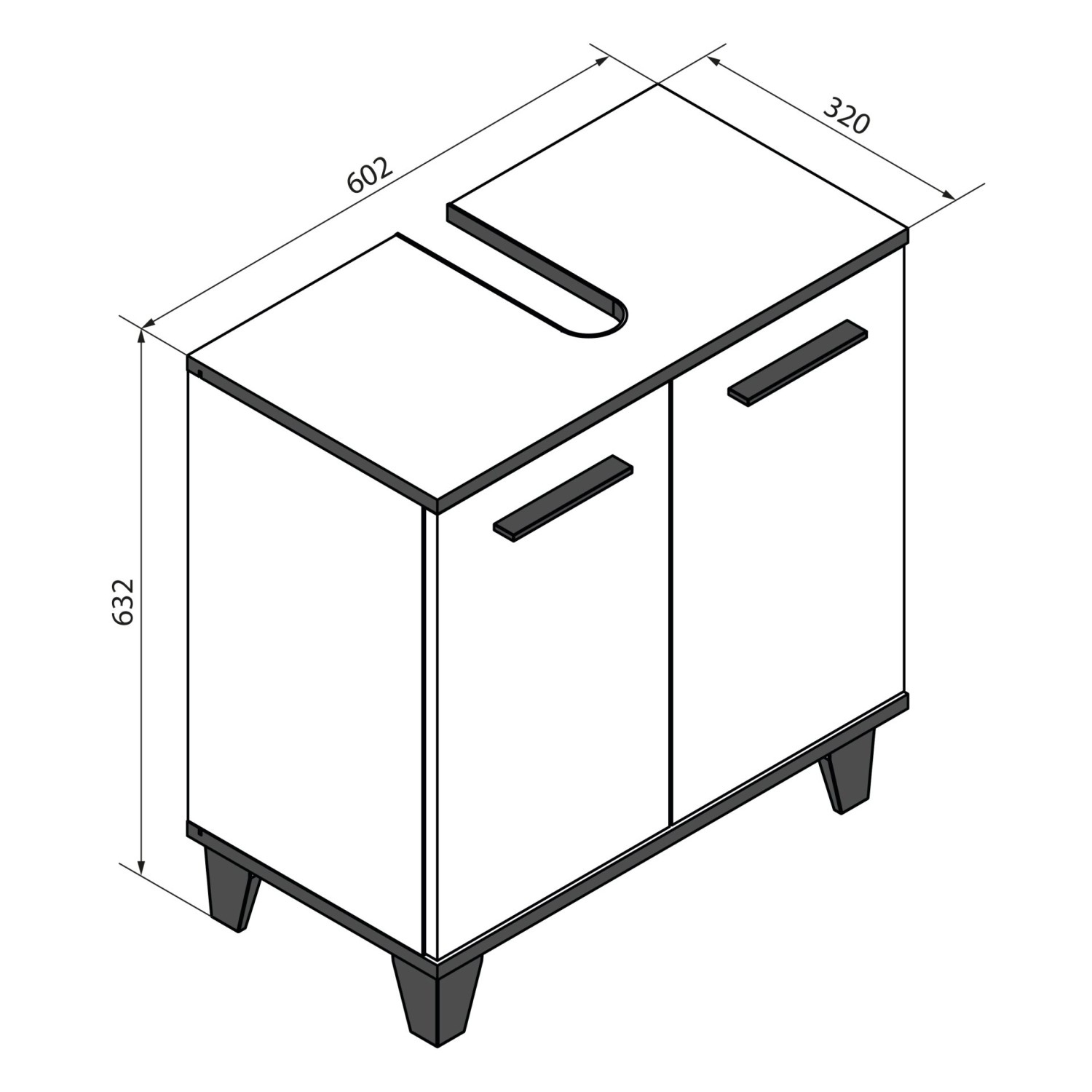 Fackelmann Waschbeckenunterschrank TE-A, 60,2x63,2x32 cm, Weiß Matt, mit schwarzen Füßen und Griffen.