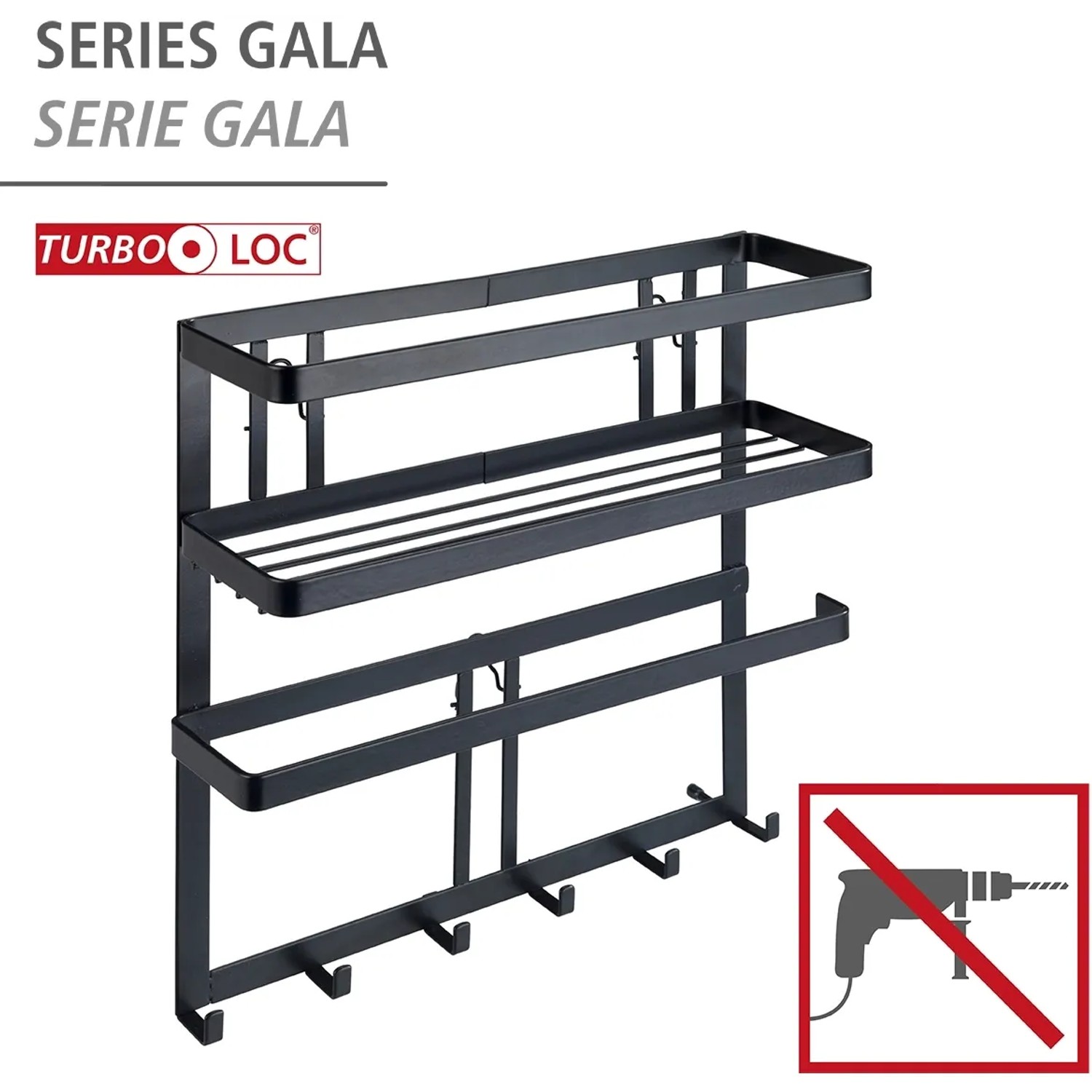 Wenko Gala Multifunktionsregal mit 6 Haken, Küchenhelfer aus schwarzem Metall.