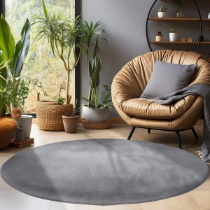 Runder, grauer Kurzflorteppich Ayyildiz Sky 5400 (Ø 200 cm) im Wohnzimmer.
