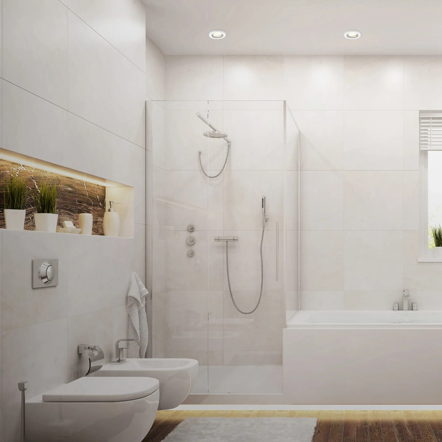 Modernes Badezimmer mit Briloner LED-Einbaustrahlern (3er-Set, weiß) in der Decke.