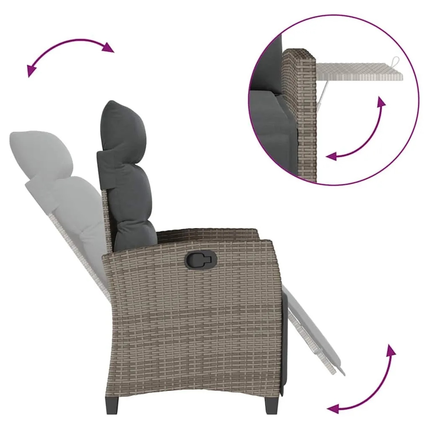 Verstellbarer, grauer Gartensessel aus Rattan mit Beistelltisch. Relaxsessel für Garten und Terrasse.