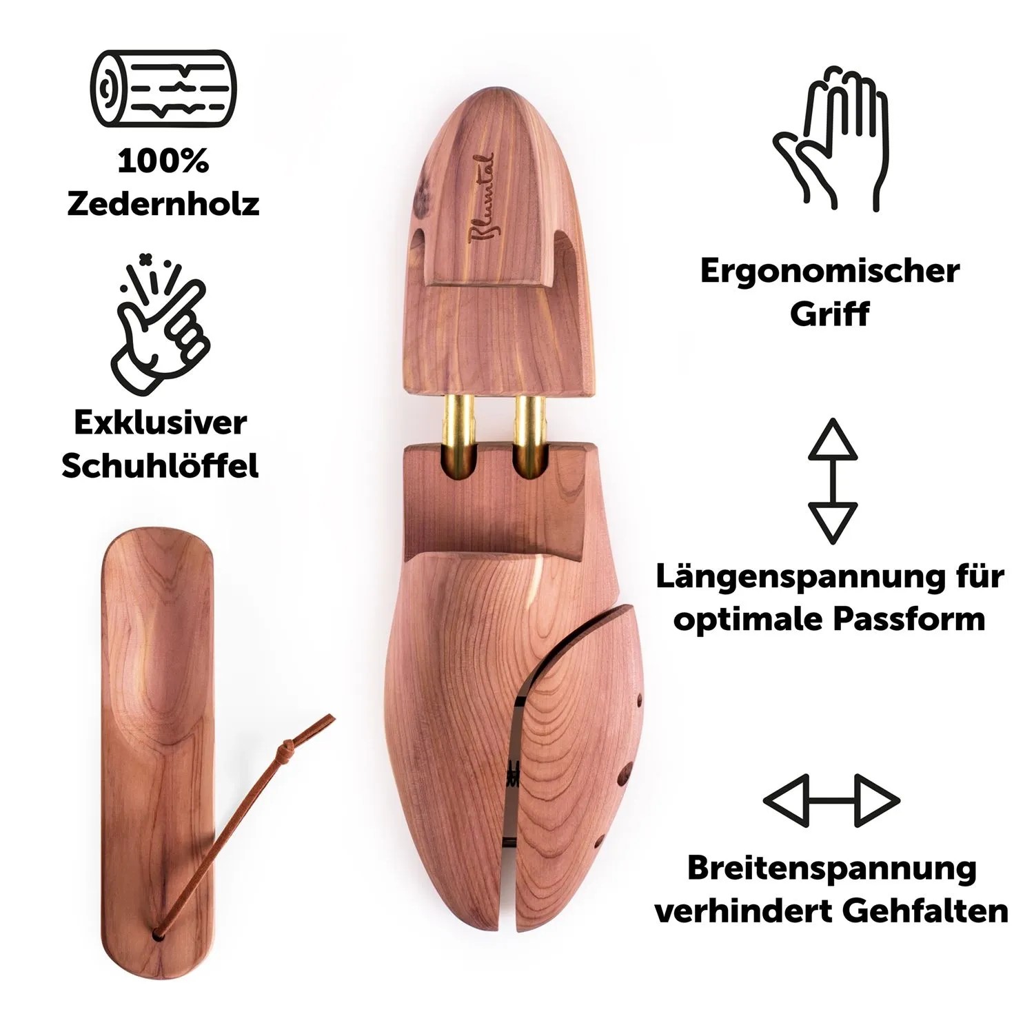 Blumtal Schuhspanner aus Zedernholz mit Schuhlöffel. Zeigt Längen- & Breitenspannung, ergonomischen Griff für Schuhe.
