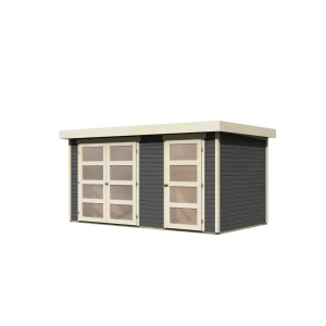 Karibu Holz-Gartenhaus Nürnberg, terragrau, mit Doppeltür und Einzeltür.
