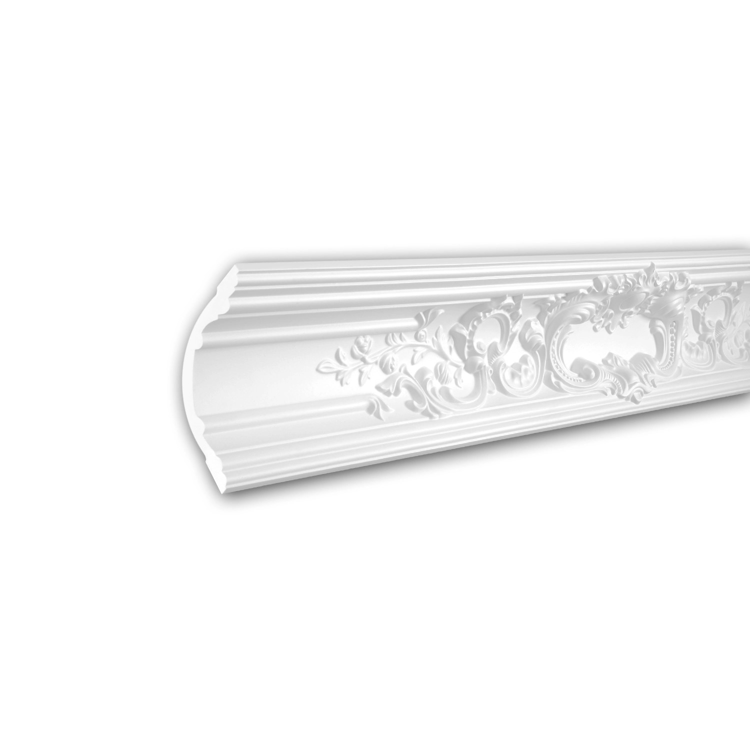 Weiße PROFHOME Eckleiste (200 cm) aus Polyurethan mit Rokoko/Barock Stil für Decke.