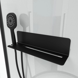 Detailaufnahme: Schwarze Handbrause und Ablage in Aurlane Urban 2 Komplettdusche 90x90.