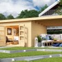 Karibu Holz-Gartenhaus Karlskoga mit Pultdach und überdachter Terrasse im Garten.