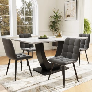 Merax Esstisch Set U-Design Weiß Marmor Grau Samtstühle