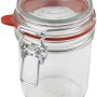 Dr. Oetker Bügelglas, 370ml, transparent, mit rotem Dichtungsring und Metallbügel.