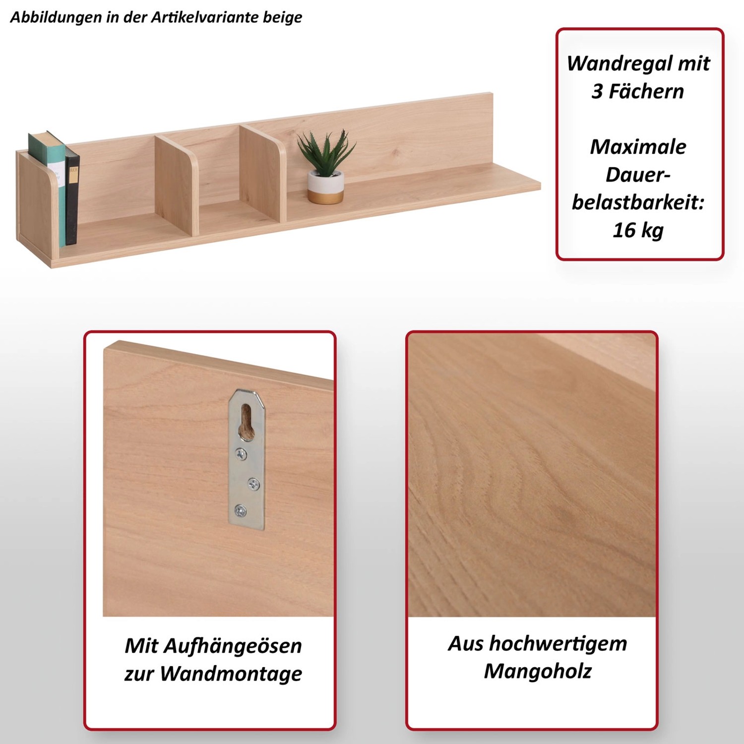 MCW Wandregal M48, Natur, mit 3 Fächern und Aufhängeösen zur Wandmontage.