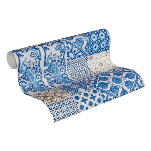 PROFHOME Vliestapete mit Kachelmuster in Blau, Creme und Violett.