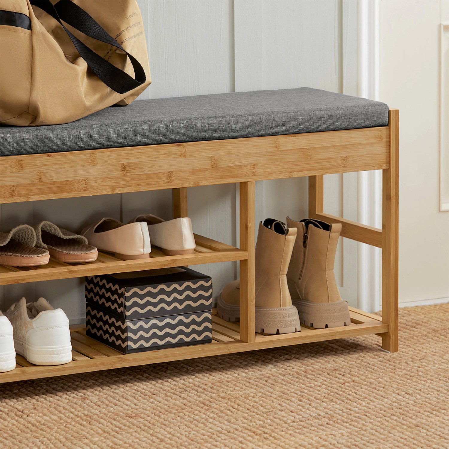 SoBuy Schuhbank mit Sitzfläche und Schubladen Sitzbank Natur Bambus FSR47-N_9