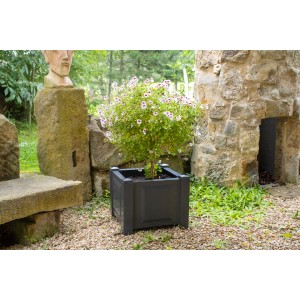 Quadratischer, anthrazitfarbener KHW Pflanzkasten mit Pflanze im Garten.