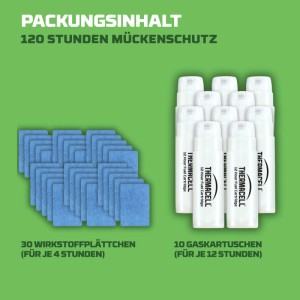 Thermacell Nachfüllpack: 30 Wirkstoffplättchen, 10 Gaskartuschen für 120 Stunden Mückenschutz.