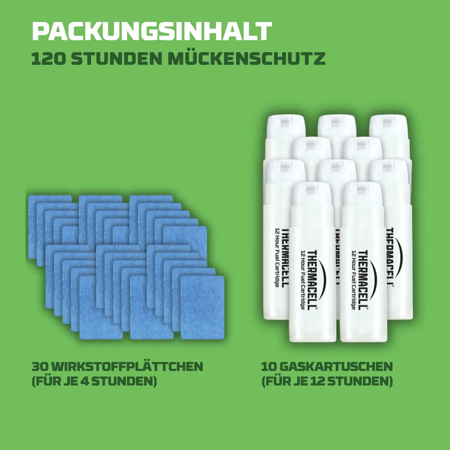 Thermacell Nachfüllpack: 30 Wirkstoffplättchen, 10 Gaskartuschen für 120 Stunden Mückenschutz.