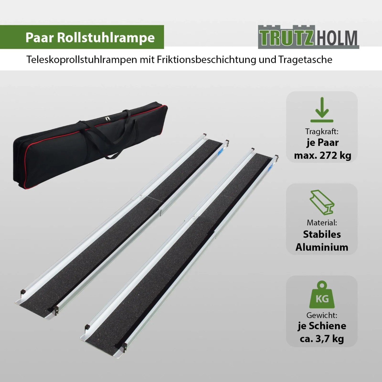 TRUTZHOLM Alu Teleskoprampe, 2er Set mit Tasche, für Rollstühle, Traglast 272kg.