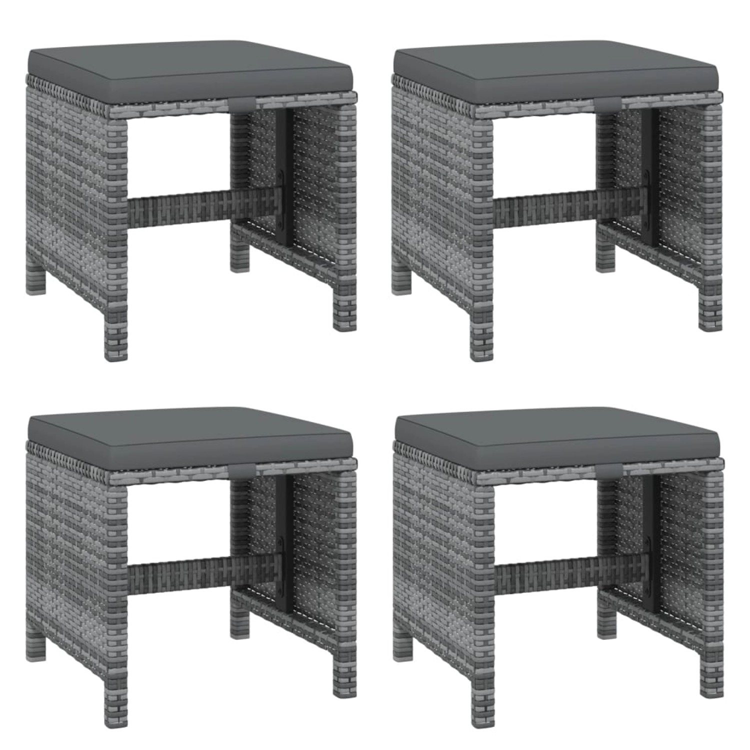vidaXL Garten-Hocker Set, 4 Stück, grau, Poly Rattan mit dunklen Kissen. Teil der Garten-Essgruppe.