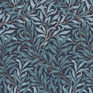 Blaue William Morris Vliestapete Willow Bough mit Weidenblattmuster.