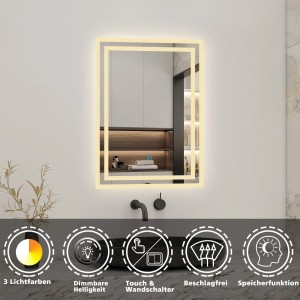 Aica Badspiegel 50x70 cm mit LED-Beleuchtung, drei Lichtfarben, dimmbar und beschlagfrei.