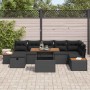 Schwarzes 8-teiliges Garten-Sofa-Set aus Poly Rattan mit Kissen und Tisch.