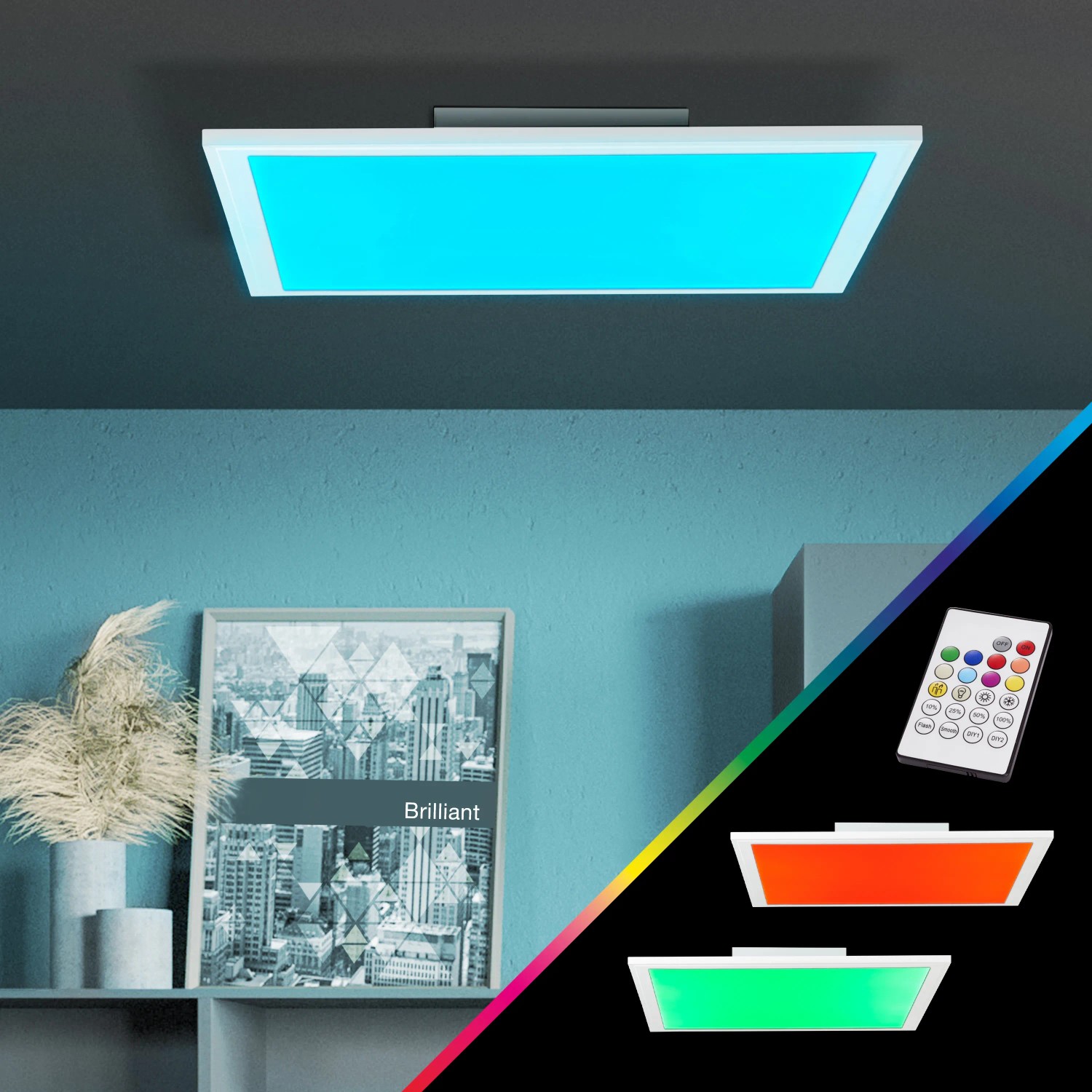 Weißes LED-Panel Abie 40x40 cm mit RGB-Farbwechsel und Fernbedienung.