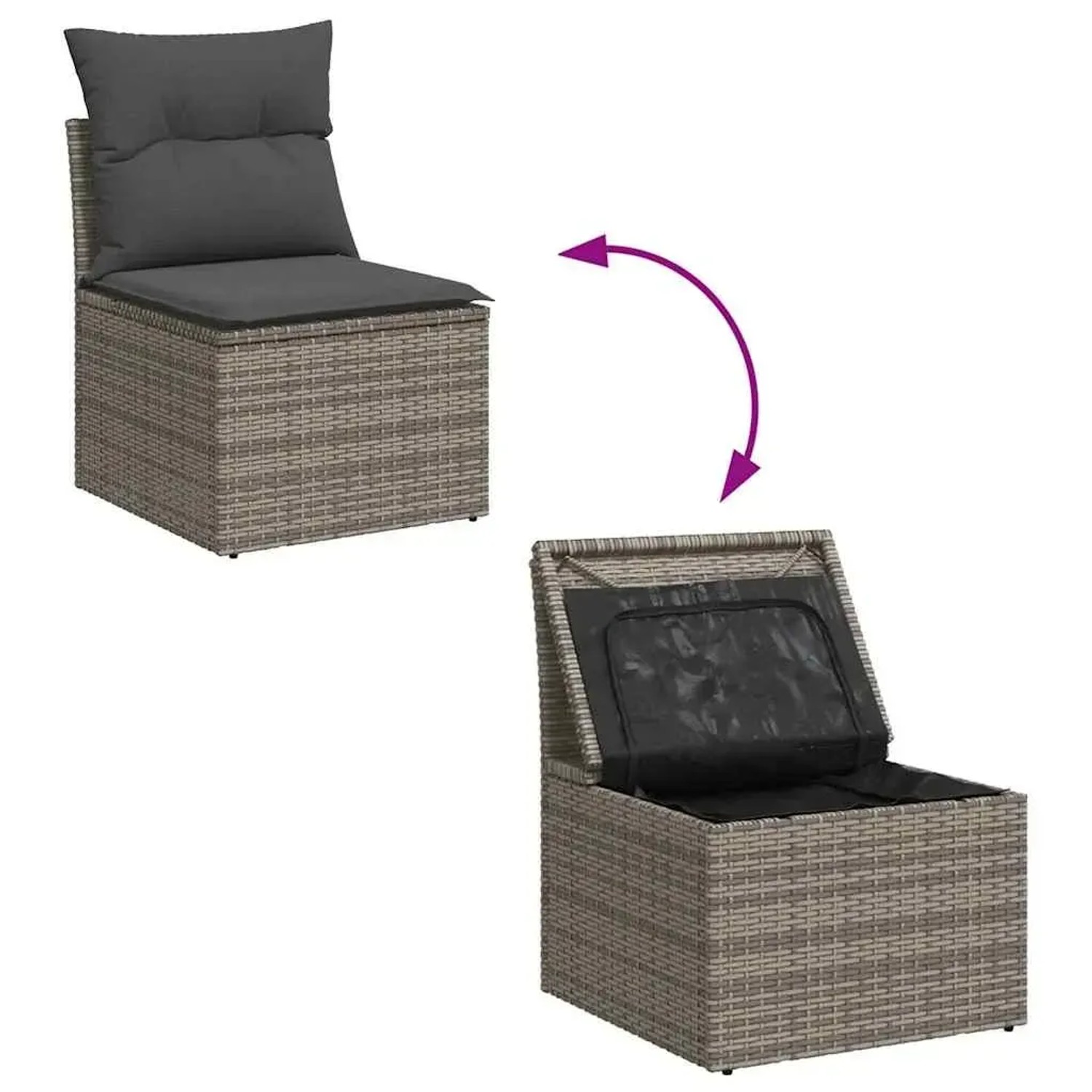 vidaXL Gartenmöbel: Graues Rattan Sofa-Set mit Kissen und Stauraum, 6-teilig.
