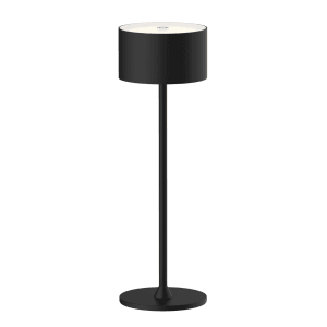 Schwarze ENOVALITE LED Akkutischleuchte, dimmbar, CCT einstellbar, kabellos und wetterfest.