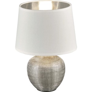 Trio Tischleuchte Luxor, weiß-silberne Nachttischlampe mit Stoffschirm, 26 cm hoch.
