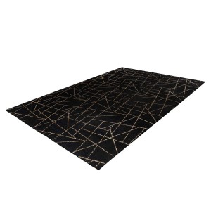 Schwarzer Kurzflor Teppich (160x230 cm) mit goldenem, modernem Linienmuster.
