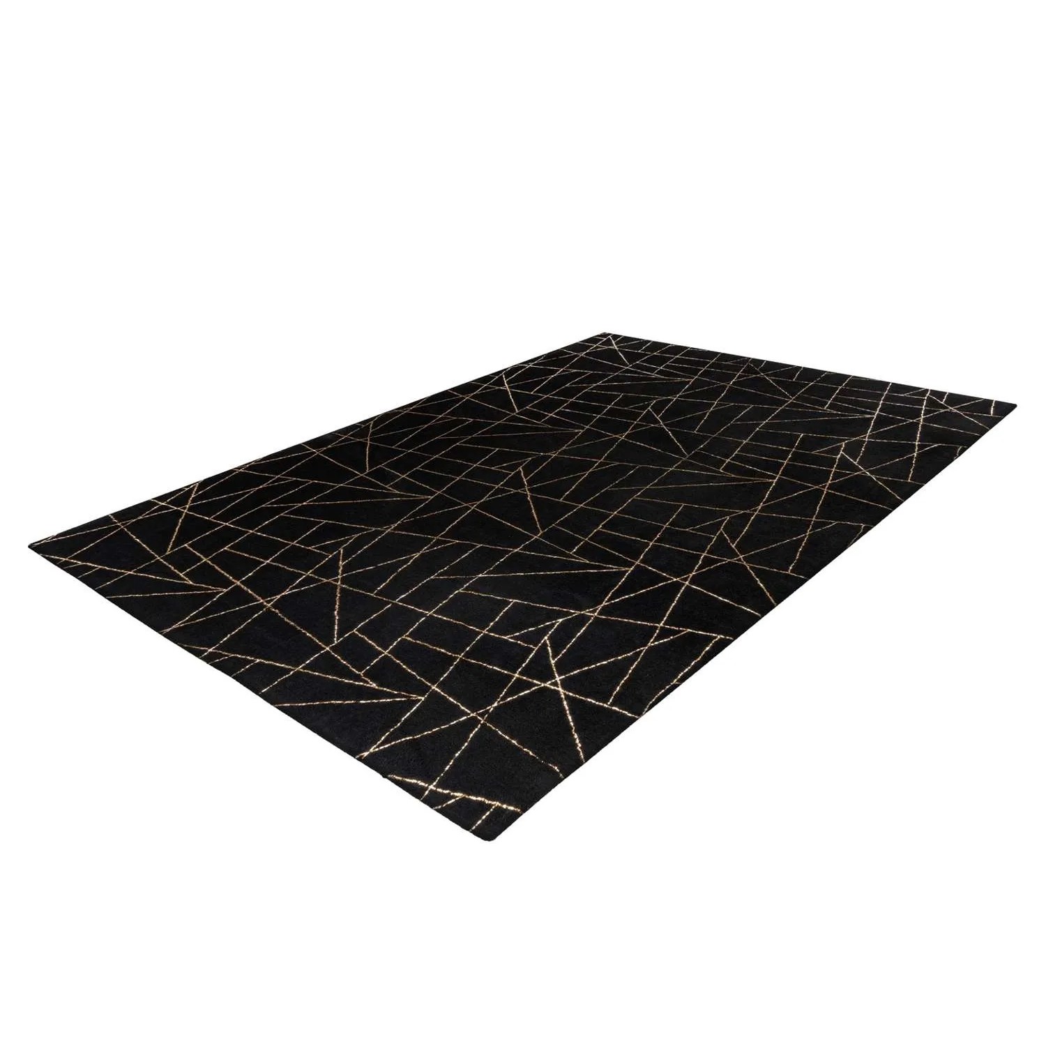 Schwarzer Kurzflor Teppich (160x230 cm) mit goldenem, modernem Linienmuster.
