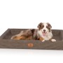 Braunes Knuffelwuff Hundebett Austin aus Kunstleder mit Hund.