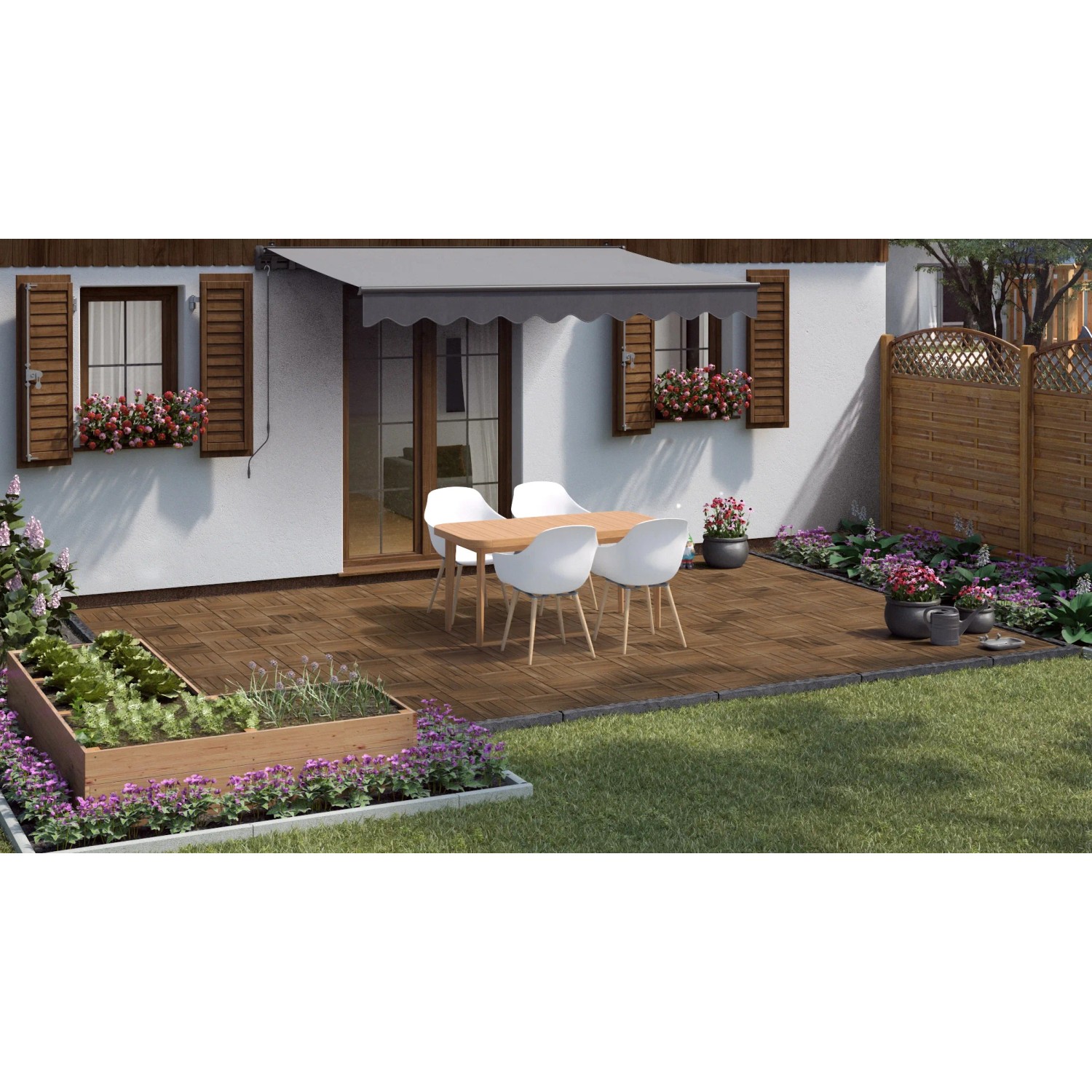 Verlegte Akazie Klickfliesen (6 Stk.) auf Terrasse mit Gartenmöbeln und Pflanzen. Holzfliesen für den Außenbereich.