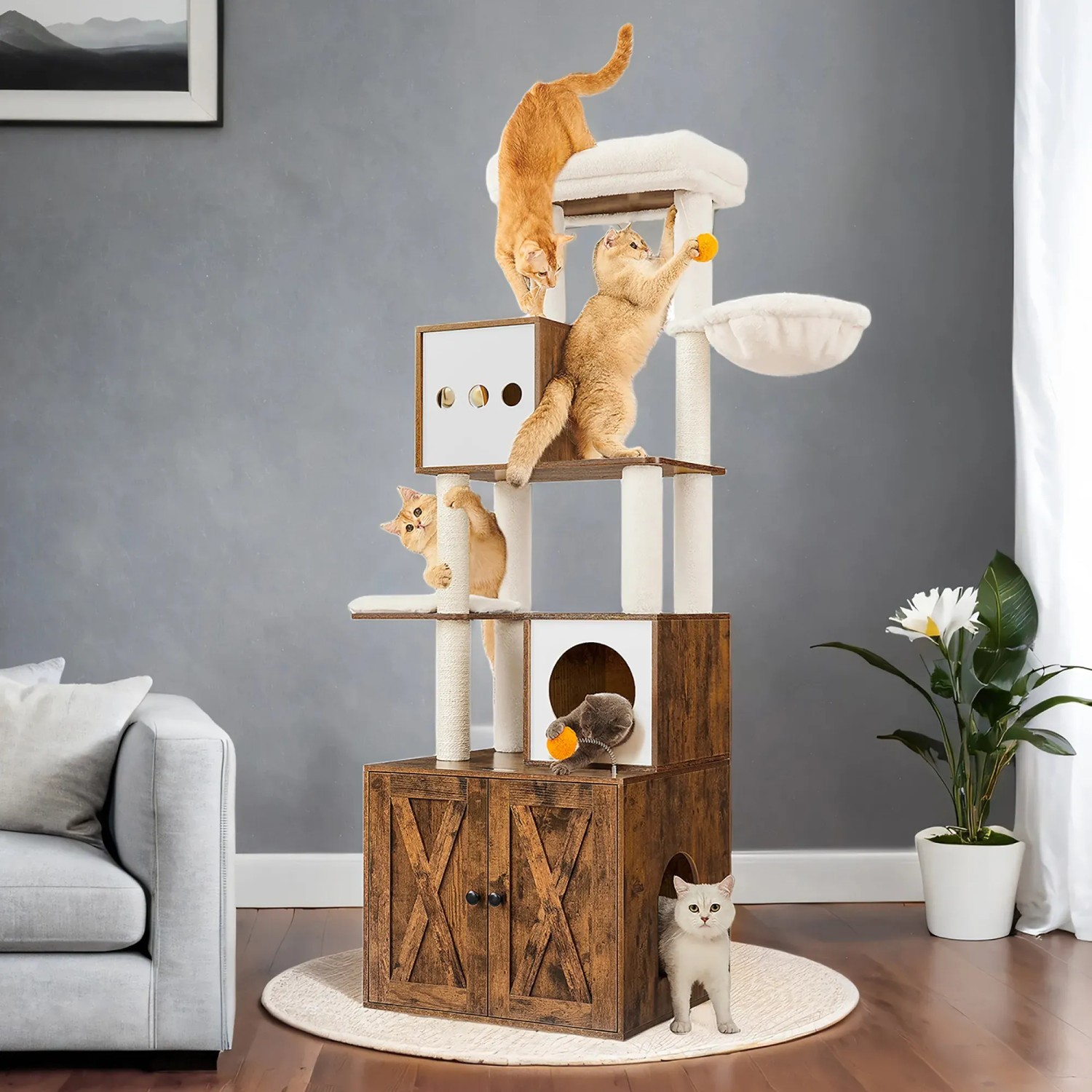 Feandrea Kratzbaum mit Katzenklo-Schrank, 180 cm, braun, mit spielenden Katzen.