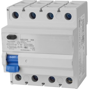4-poliger FI-Schalter 40A/0,03A für Tragschiene im Verteilerkasten.