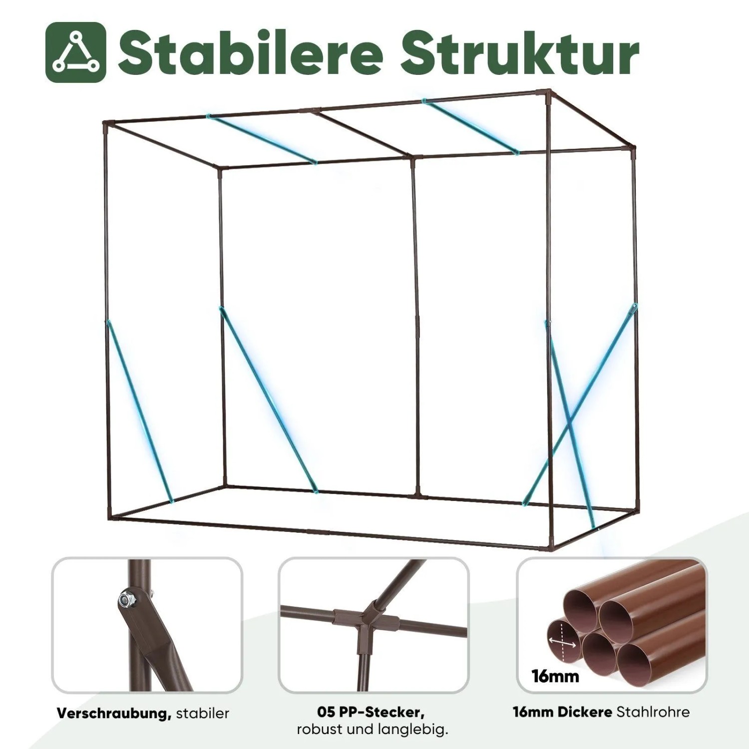 Stabile Struktur des Sekey Gewächshauses: brauner Metallrahmen mit 16mm Stahlrohren, PP-Steckern und Verschraubungen.