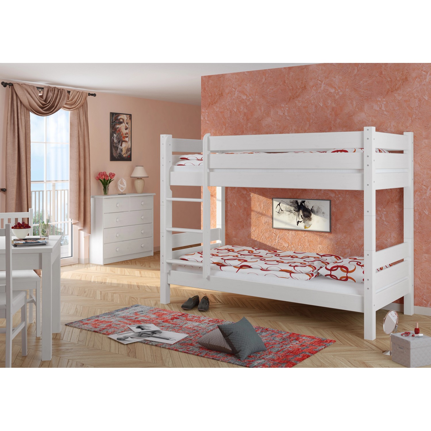 Erst-Holz Weißes Kompaktes Etagenbett 80 x 190 Kiefer Massiv Teilbare Nische 80 Rollrost inkl.