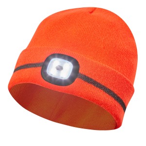 Orangefarbene Gebol LED-Strickmütze mit Reflektionsstreifen für bessere Sichtbarkeit.