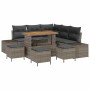 Graues 9-teiliges Garten-Sofa-Set aus Poly Rattan mit Tisch und Kissen.