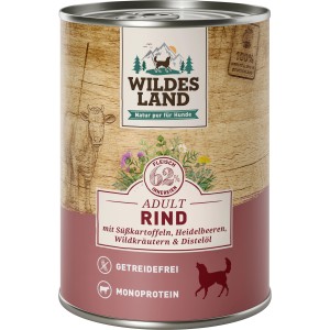 Wildes Land Hunde-Nassfutter Rind, 400g Dose. Nassfutter mit Süßkartoffeln und Kräutern für Hunde.