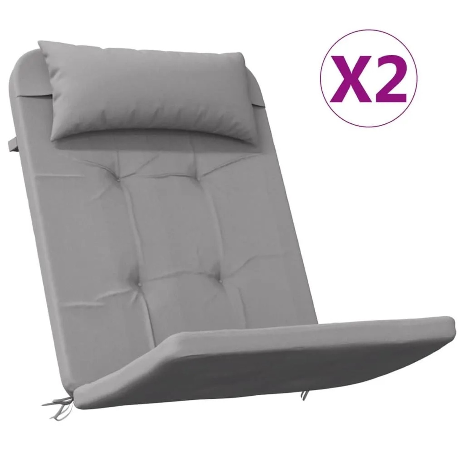 Zwei graue Adirondack-Auflagen aus Oxford-Gewebe mit Kopfkissen für Gartenstühle.