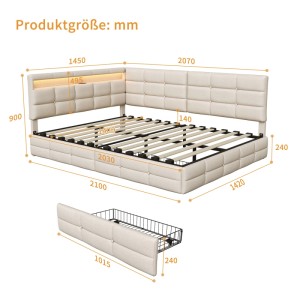 Tagesbett 140x200 cm Polsterbett mit LED USB und Stauraum in Beige