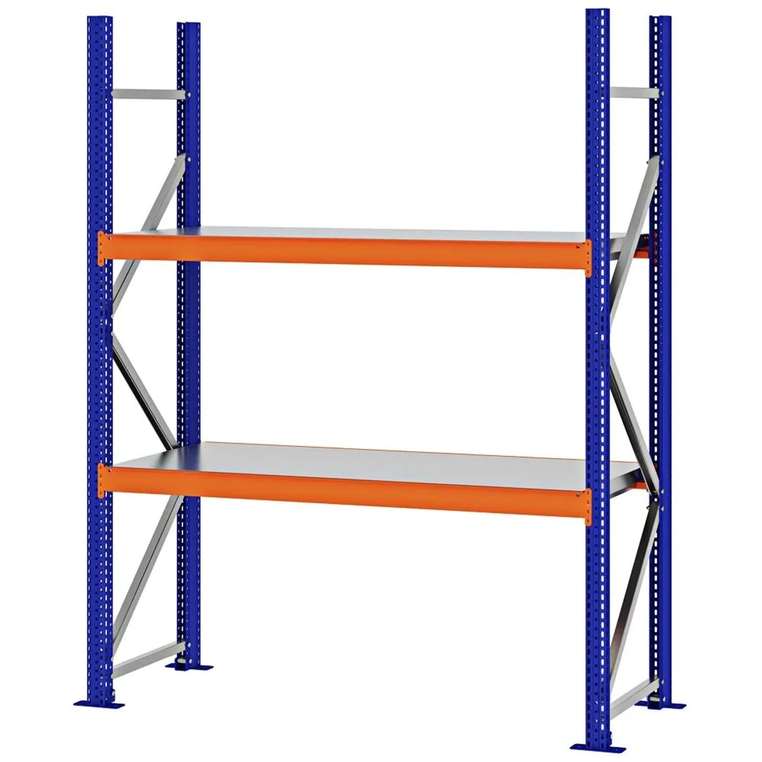 PROREGAL Weitspannregal Schraub-Stecksystem MAGNUS PRO Made In Germany Grundregal 200x150x50cm 2 Ebenen Stahlböden Fachlast 750kg Blau/Orange