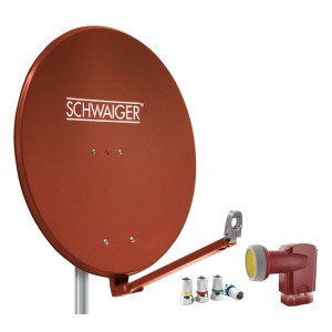 Schwaiger Antennen-Set: Ziegelrote 88 cm Satellitenschüssel mit LNB und F-Steckern für SAT-Empfang.