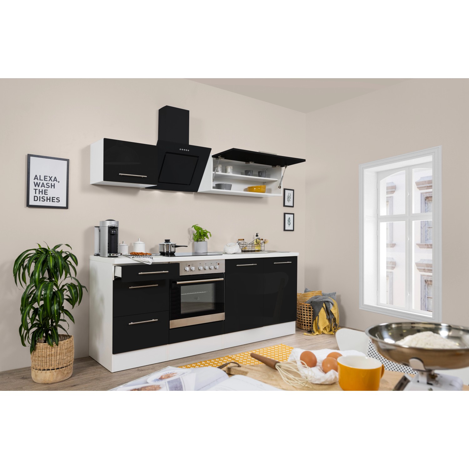 Respekta Premium Küchenzeile 210 cm Schwarz Hochglanz-Weiß