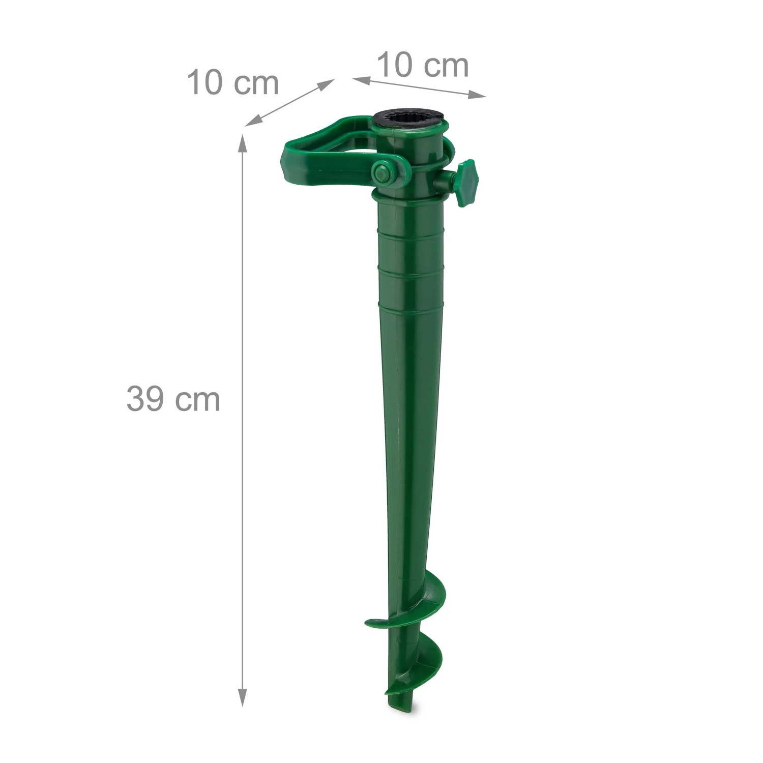 Dunkelgrüne Relaxdays Bodenhülse aus Kunststoff für Sonnenschirme, 39 cm hoch, mit klappbarem Griff.