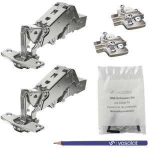 vasalat Hettich Weitwinkelscharnier Set 165 Grad mit Dämpfung, Feder, Montageplatten & Schrauben. Vernickelter Stahl für Möbel.